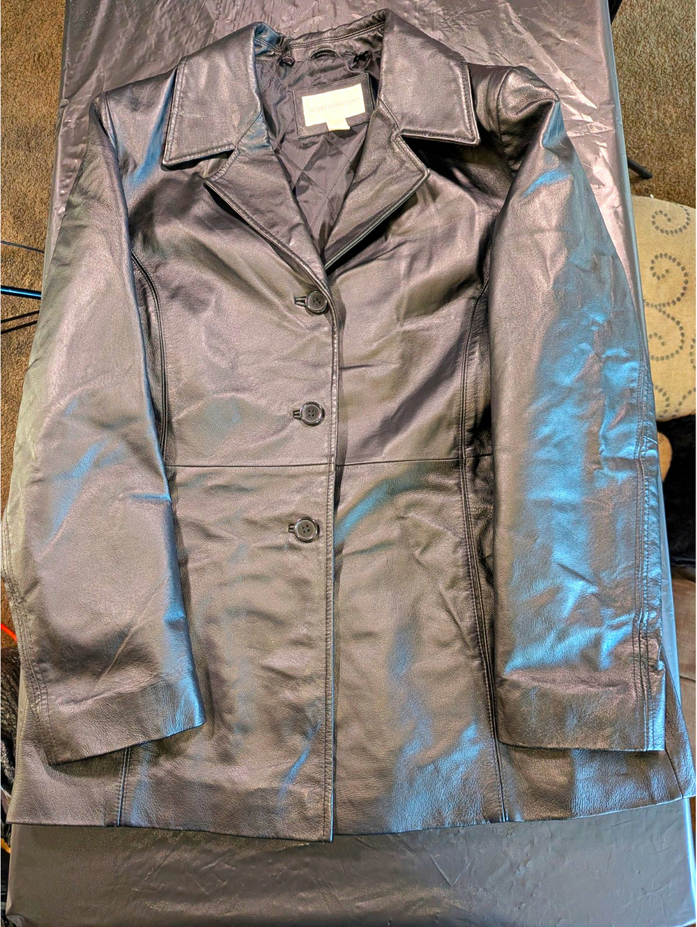 Worthington Womens Black Leather Jacket Button Front Lined Mid-Length Sz L